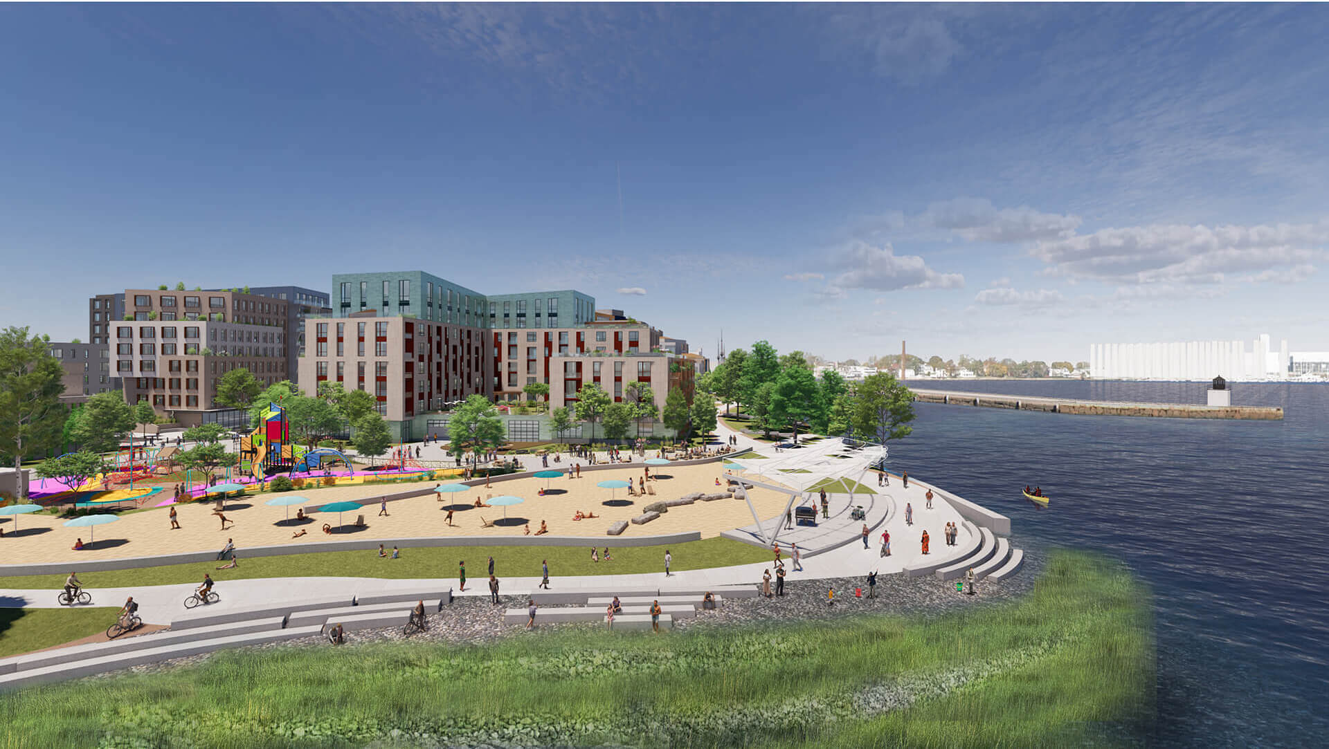 Rendering of the waterfront view with a beach, playground, and walkway