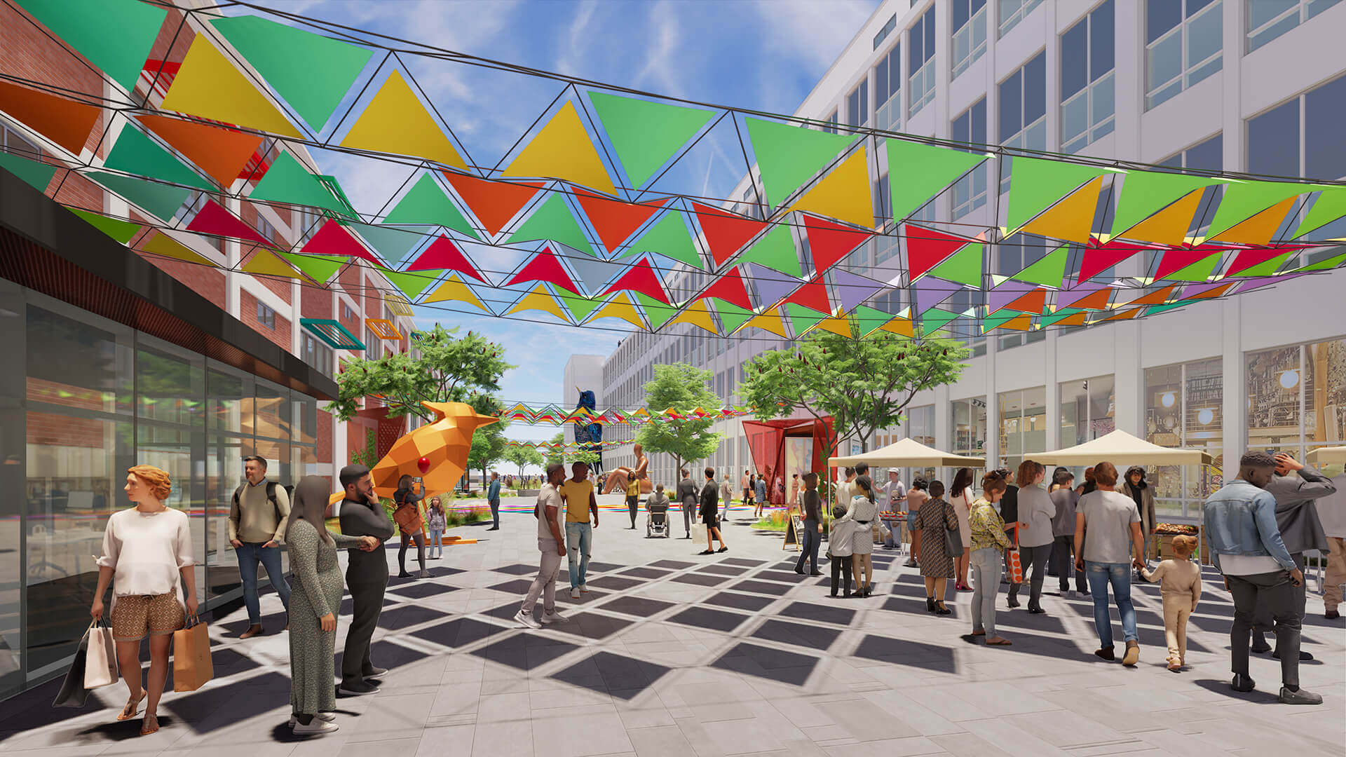 Rendering of decorative flags hanging over the walkway as people shop at an outdoor market