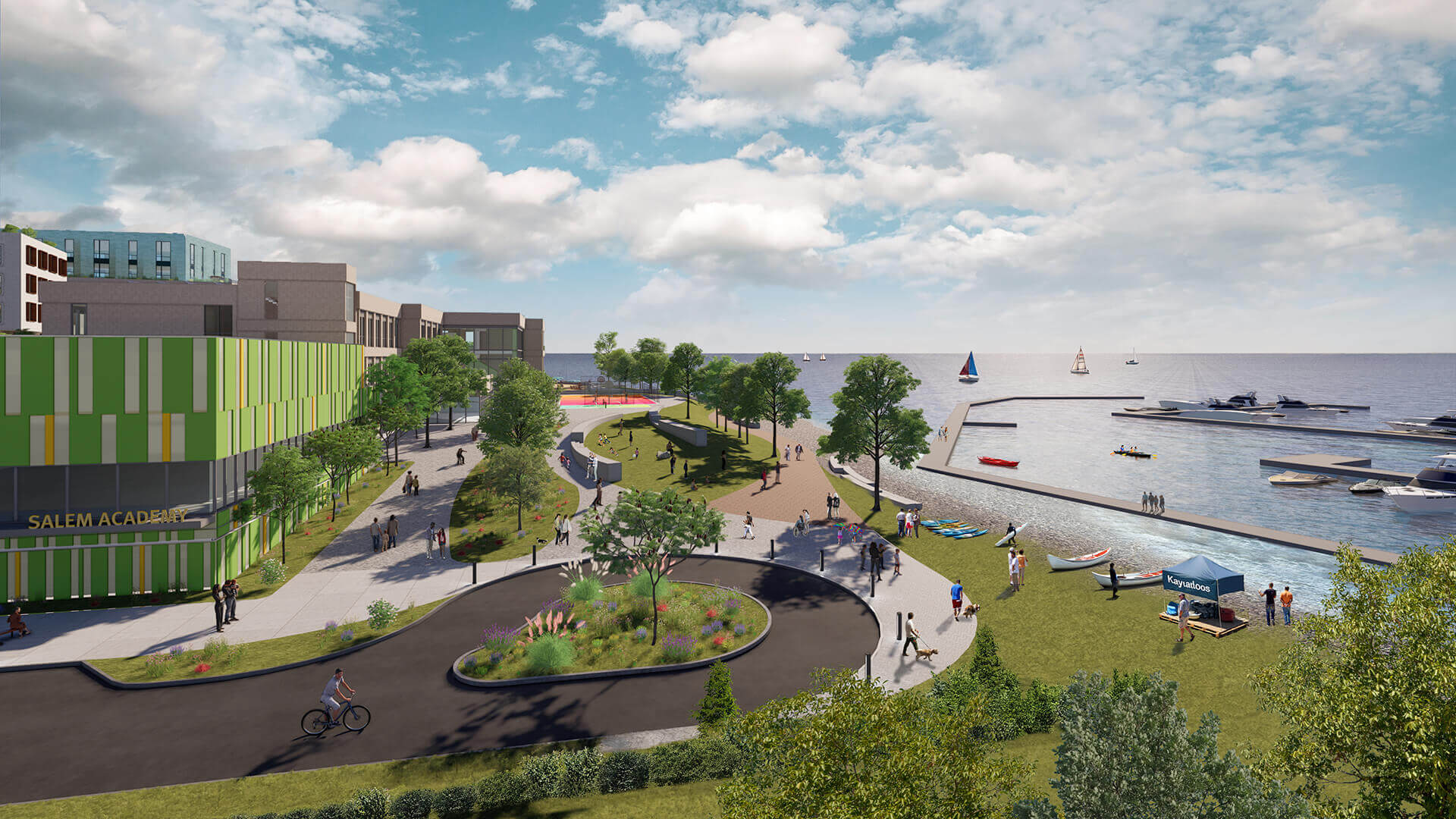 Rendering of the waterfront with people walking, riding bikes, kayaking, and more.