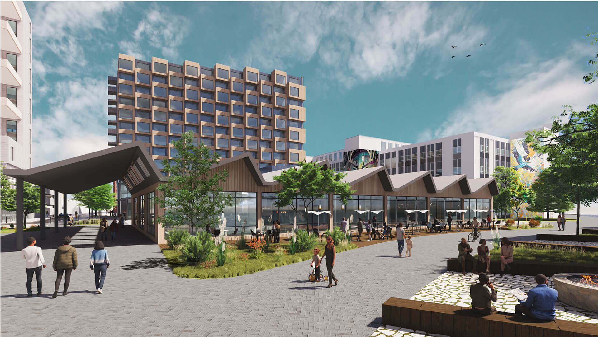 Rendering of shops along the walkway