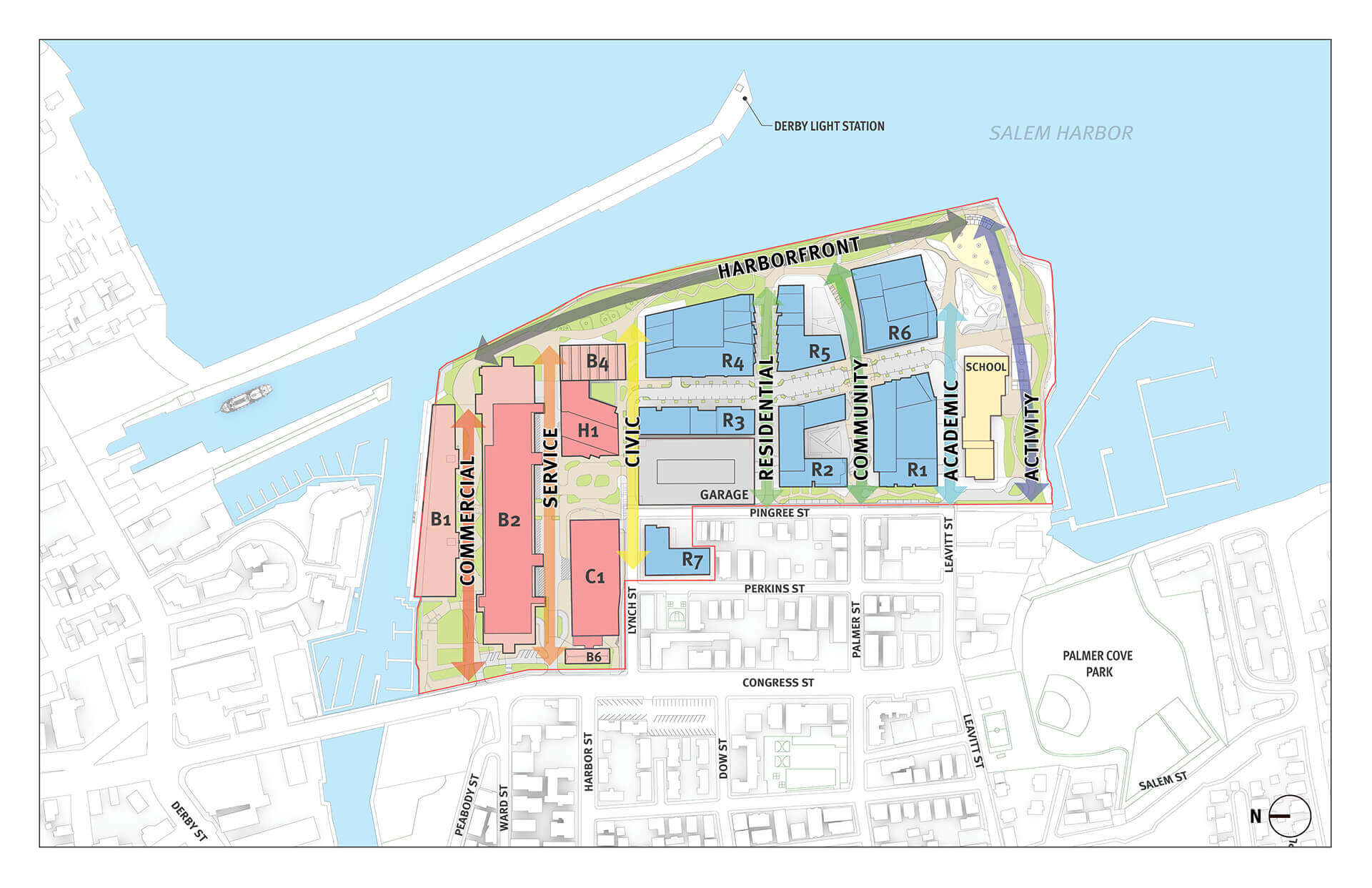Rendering of the proposed plan showing commercial, service, civic, residential, community, academic, and activity sections.
