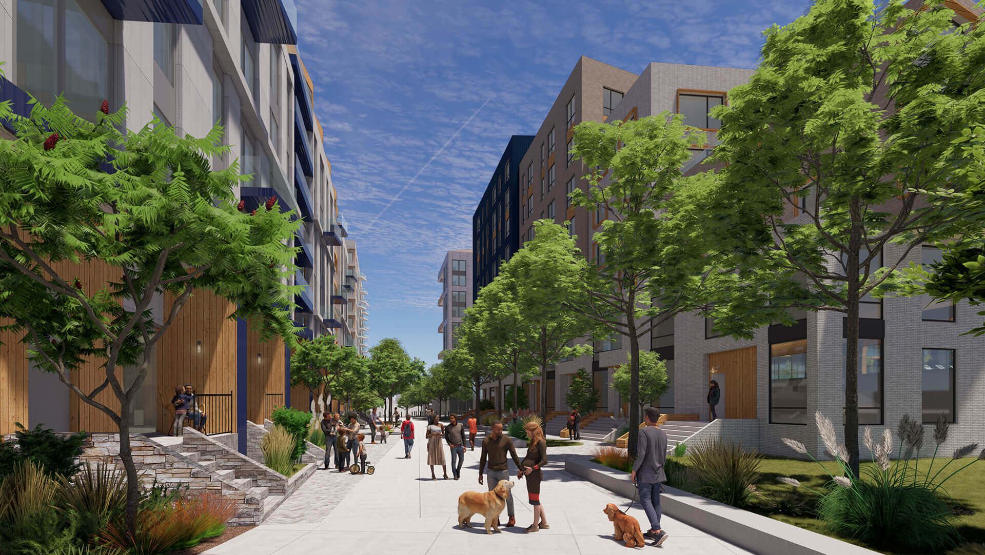 Rendering of people and families walking between residential buildings