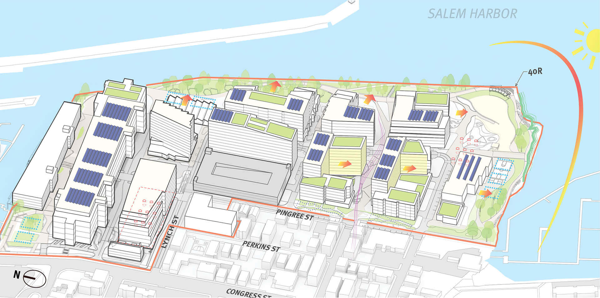 Rendering of the building project along Salem Harbor that depicts solar energy use
