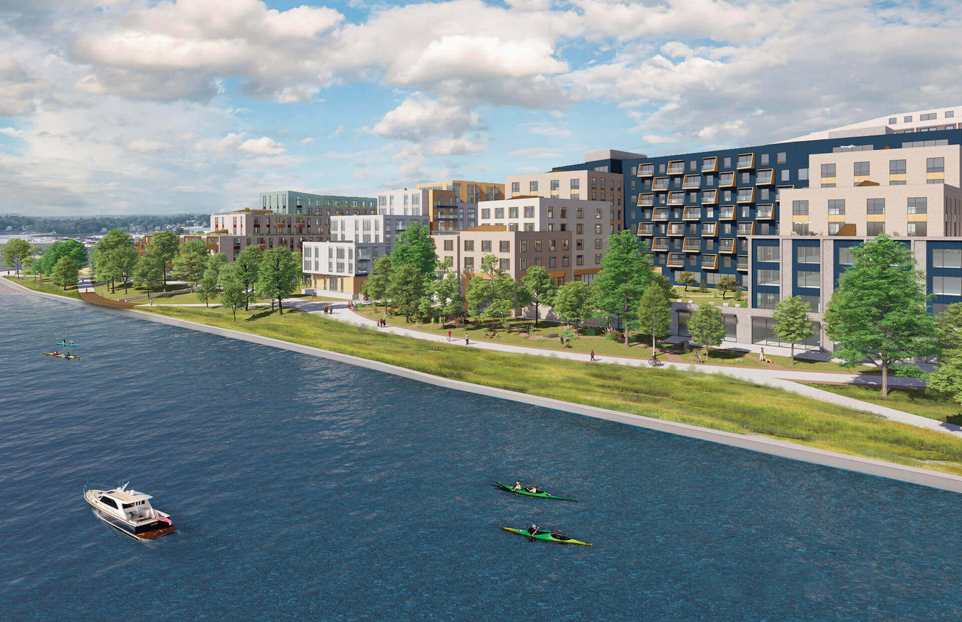 Rendering of the waterfront with kayaks, boats, buildings, and people using the pathway.